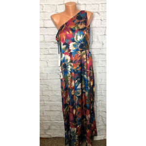 Nicole Miller NY Floral Silky Split Leg One Shoulder Maxi Dress Belted Size 8